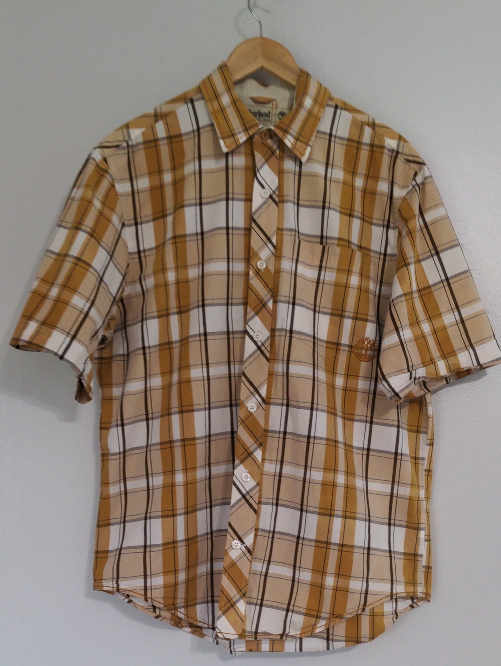 Timberland Shirt Button Up Mens Med-Large Brown Short Sleeve 100% Cotton Outdoor